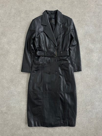 Vintage 1990s Floor Length Belted Leather Trench Coat - M