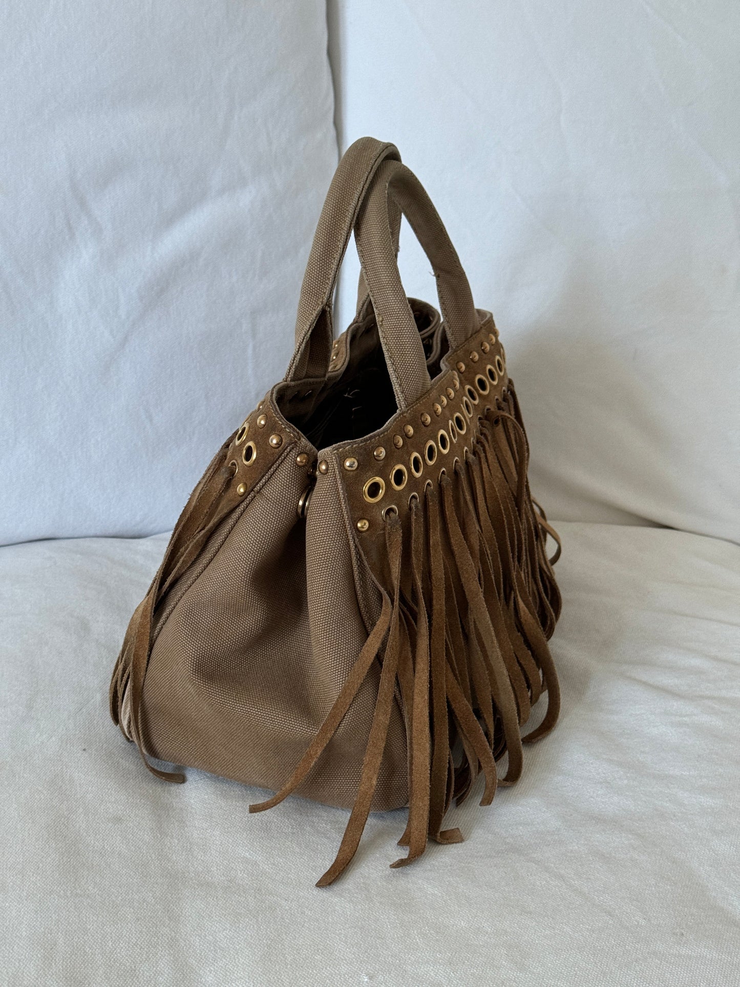 RARE 2010s Prada Grommet Suede Frill Handbag | O/S, Brown