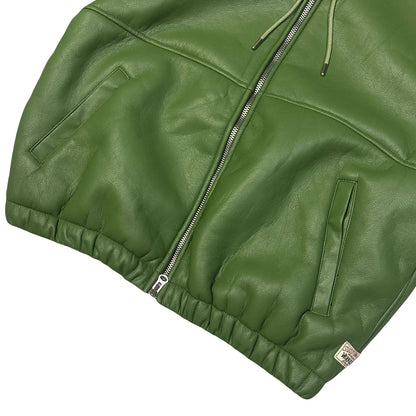 Stüssy Shearling Hooded Work Leather Jacket In Green (XL) | XL, Green