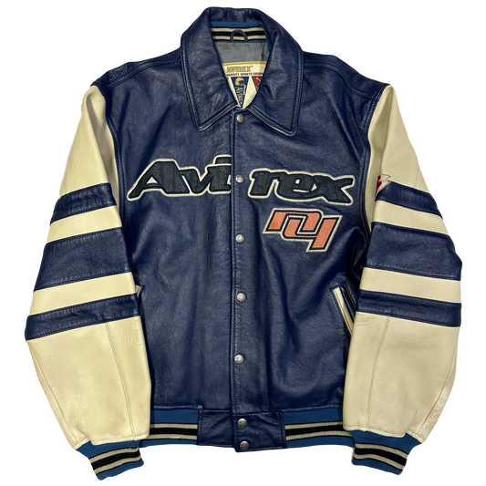 Avirex Goalers Leather Jacket In Navy & Beige ( S )