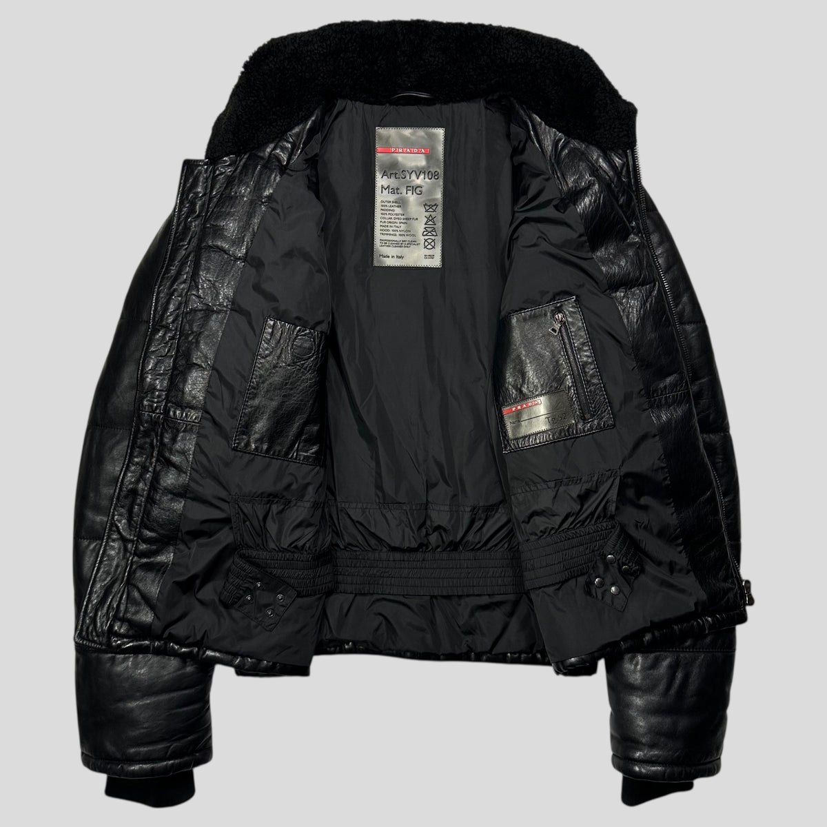 Prada Sport 00’s Leather Aviator Shearling Fur Collar Hooded Puffer - IT52 (L) | Large, Black