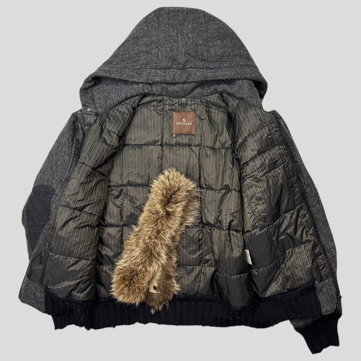 Moncler 00’s Herringbone Wool Down Detachable Fur Jacket - 3 (L) | Default Title, Brown