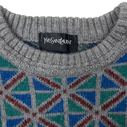 Vintage 90s YSL Yves Saint Laurent Geometric Cable Knit Jumper Size M | Medium, Grey
