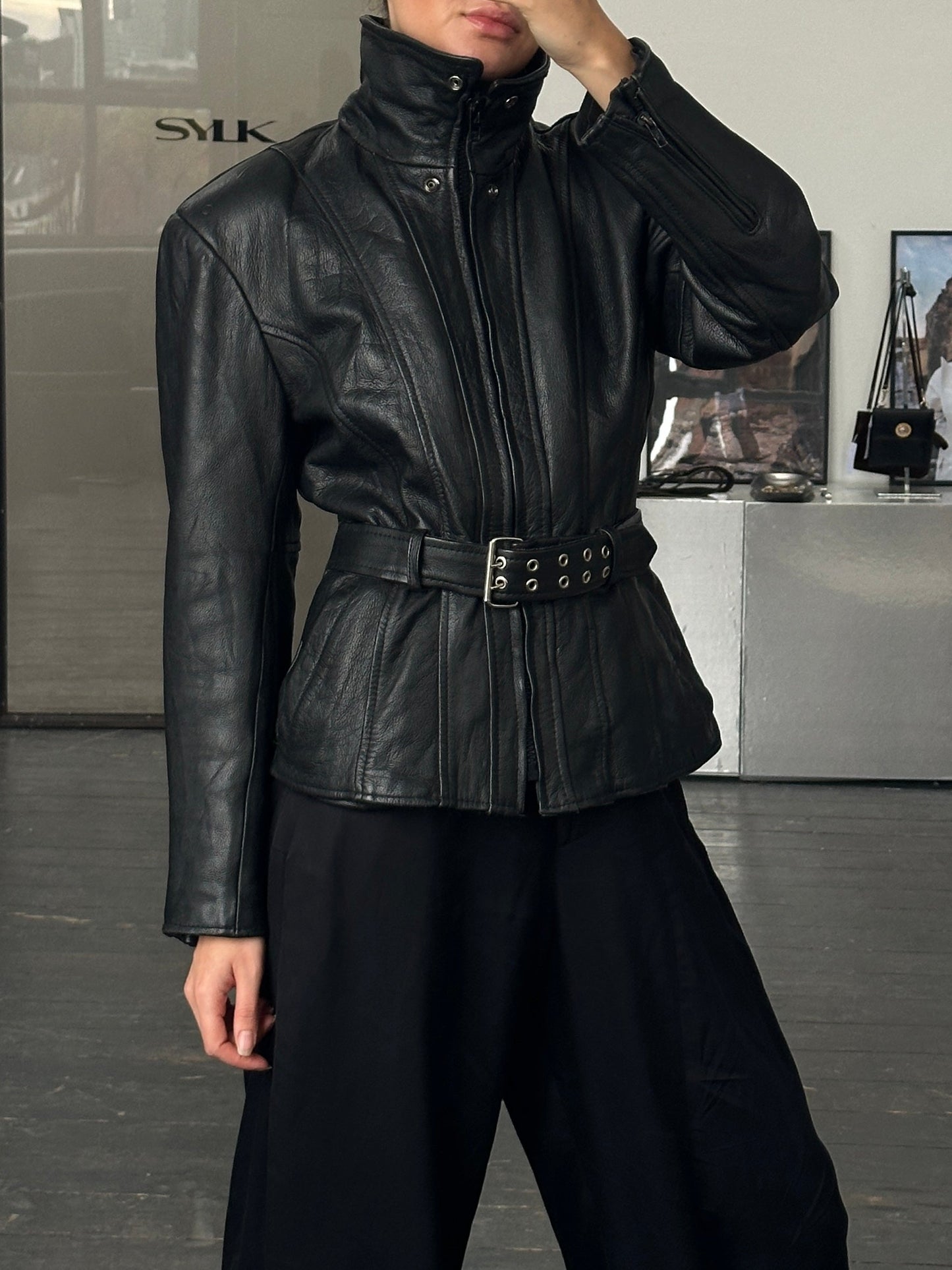 Vintage 1990s High Neck Belted Leather Jacket - M