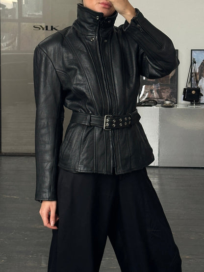Vintage 1990s High Neck Belted Leather Jacket - M