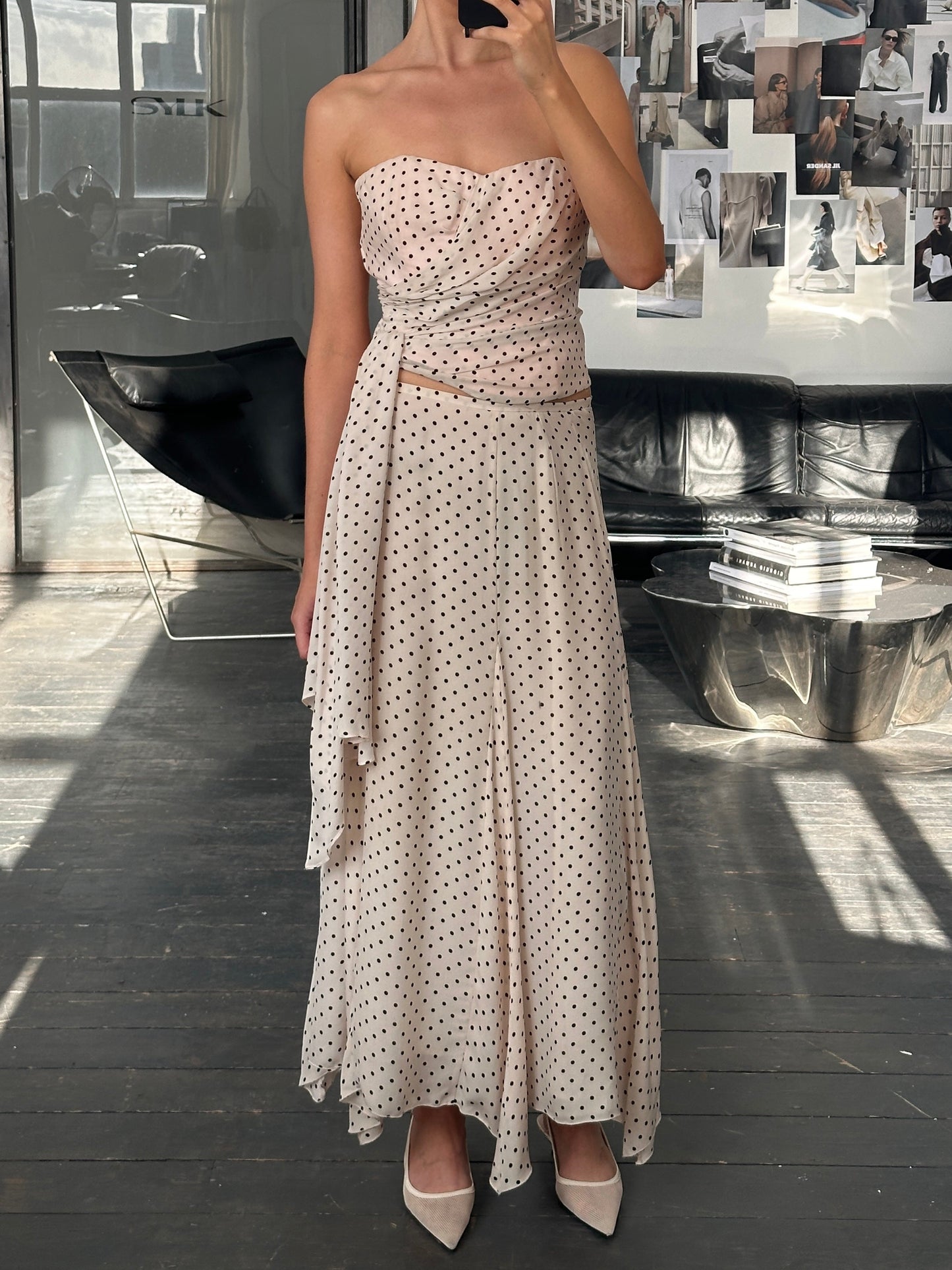 Jaeger 2000s Pure Silk Polkadot Two Piece Skirt Top Set - L/W28