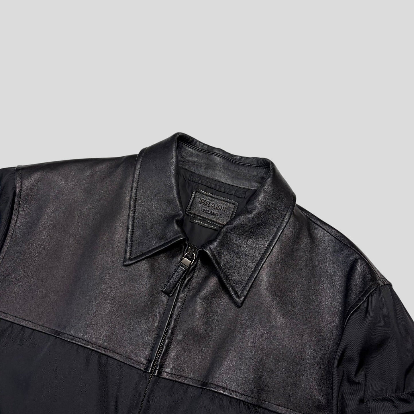Prada 2013 Triangle Logo Gabardine Nylon & Leather Blouson Jacket - L/XL | O/S, Black