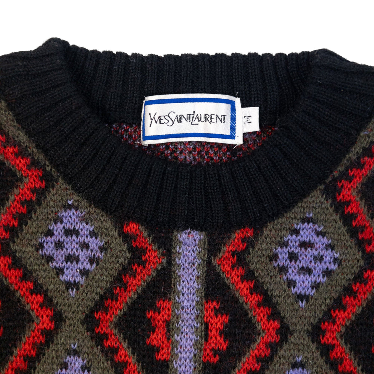 Vintage 80s YSL Yves Saint Laurent Pattern Knit Wool Jumper Size S | Small, Black, Red, Purple, Olive