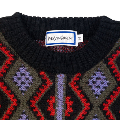 Vintage 80s YSL Yves Saint Laurent Pattern Knit Wool Jumper Size S | Small, Black, Red, Purple, Olive