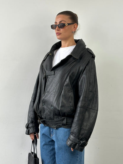 Vintage Belted Buckle Leather Jacket - XL