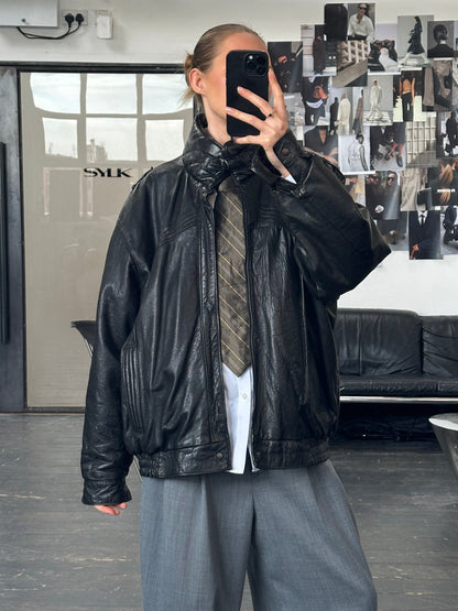 St Michael 1980s High Neck Leather Bomber Jacket - XL