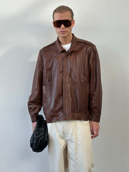 British Vintage 1980s High Neck Leather Bomber Jacket - L