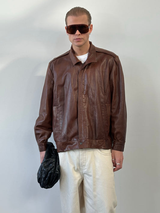 British Vintage 1980s High Neck Leather Bomber Jacket - L