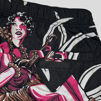 Prada Milano 2018 Hawaii Hula Girl Print Triangle Logo Board Shorts - IT52 | Default Title, Black