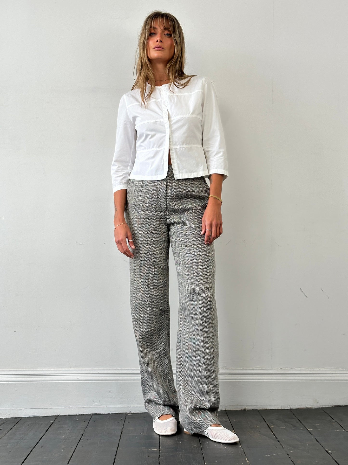 Max Mara Cotton Linen Herringbone High Waisted Trousers - W28