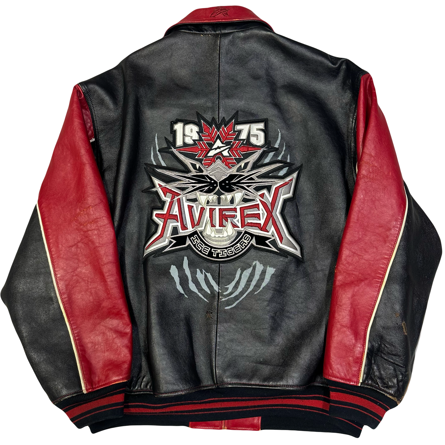 Avirex Ice Tigers Leather Jacket In Red & Black ( XL )