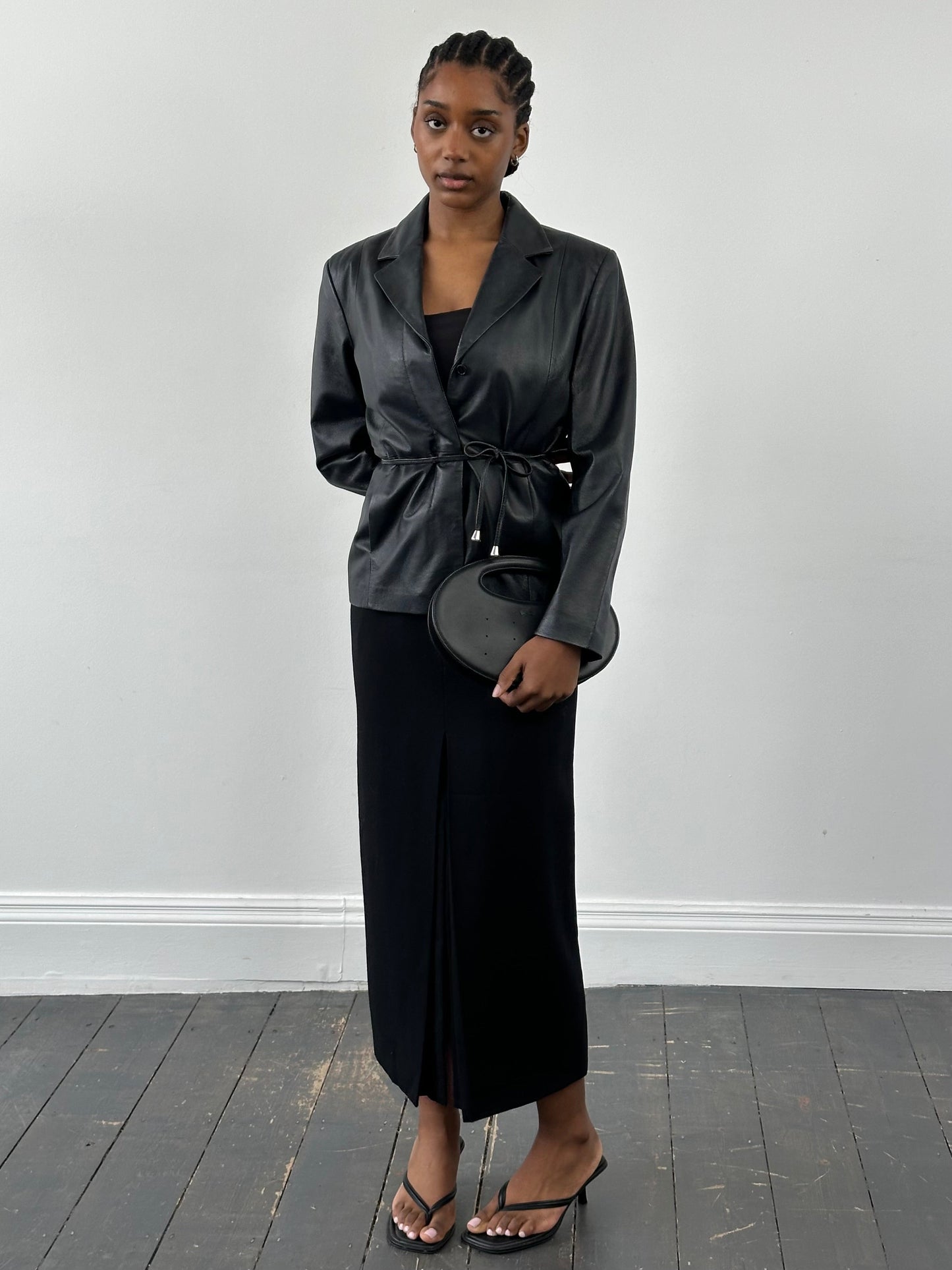 Vintage 2000s Minimal Tie Belt Leather Jacket - S