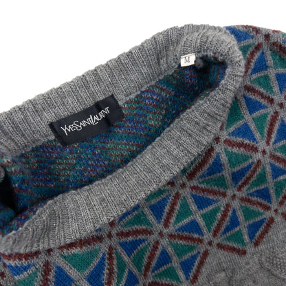Vintage 90s YSL Yves Saint Laurent Geometric Cable Knit Jumper Size M | Medium, Grey