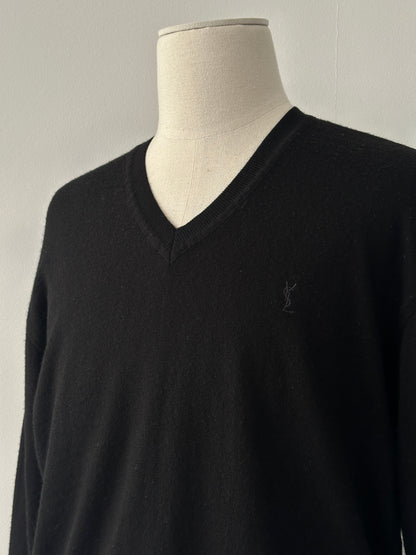 Yves Saint Laurent 1990s pure wool V-neck jumper in size M, shown in beige with a classic fit and ribbed collar detail.