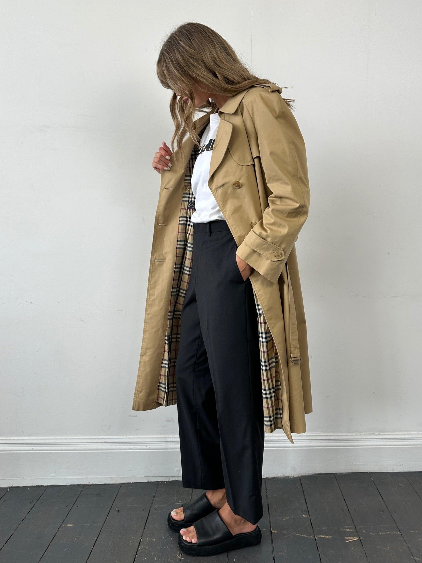 Vintage Cotton Double Breasted Belted Trench Coat - L - Known Source