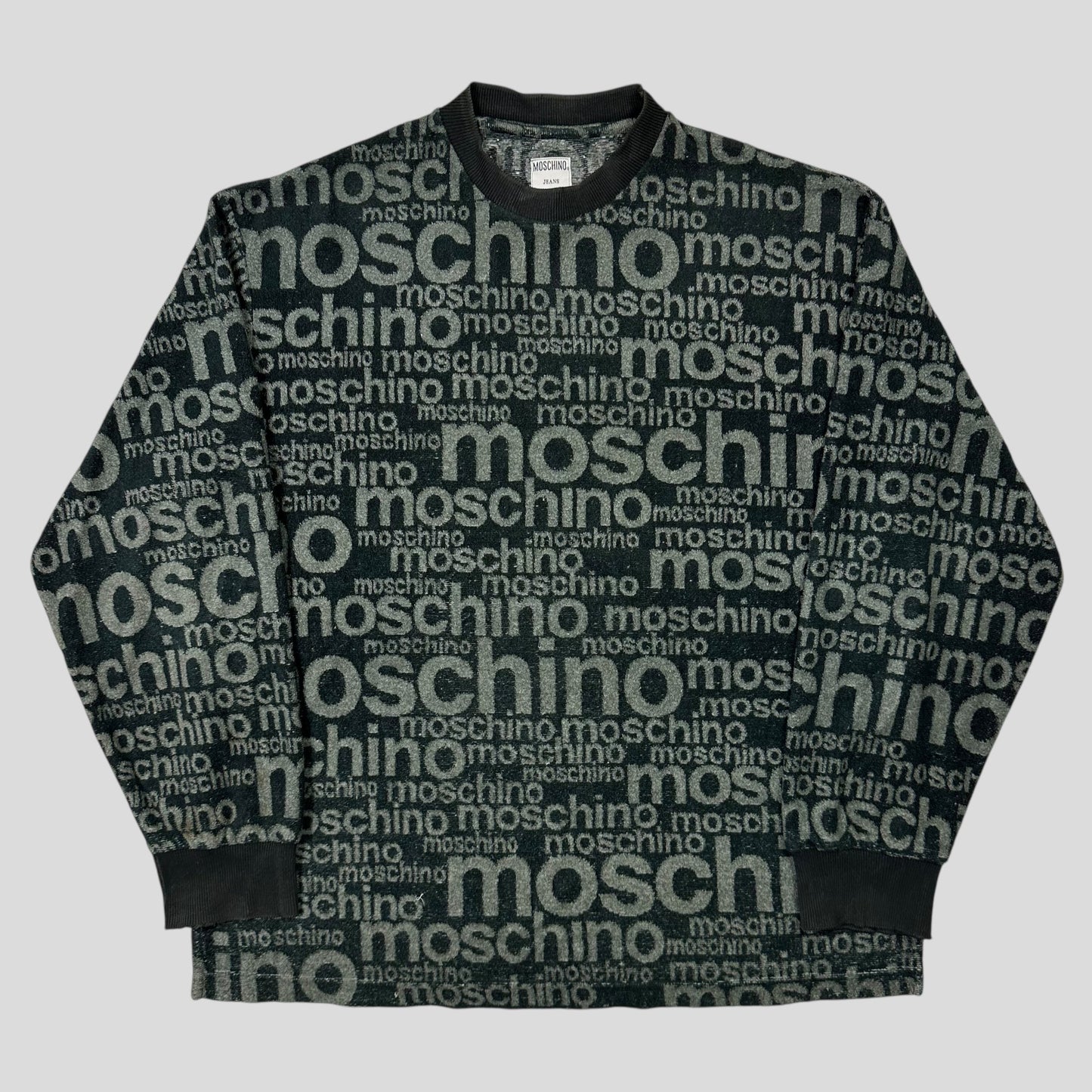 Moschino Jeans 1998 Spellout Logo Teddy Cotton Fleece Jumper - L/XL | Default Title, Black and Gray