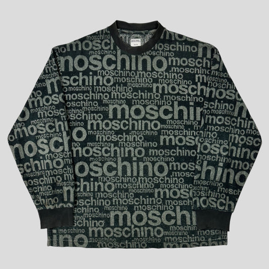 Moschino Jeans 1998 Spellout Logo Teddy Cotton Fleece Jumper - L/XL | Default Title, Black and Gray