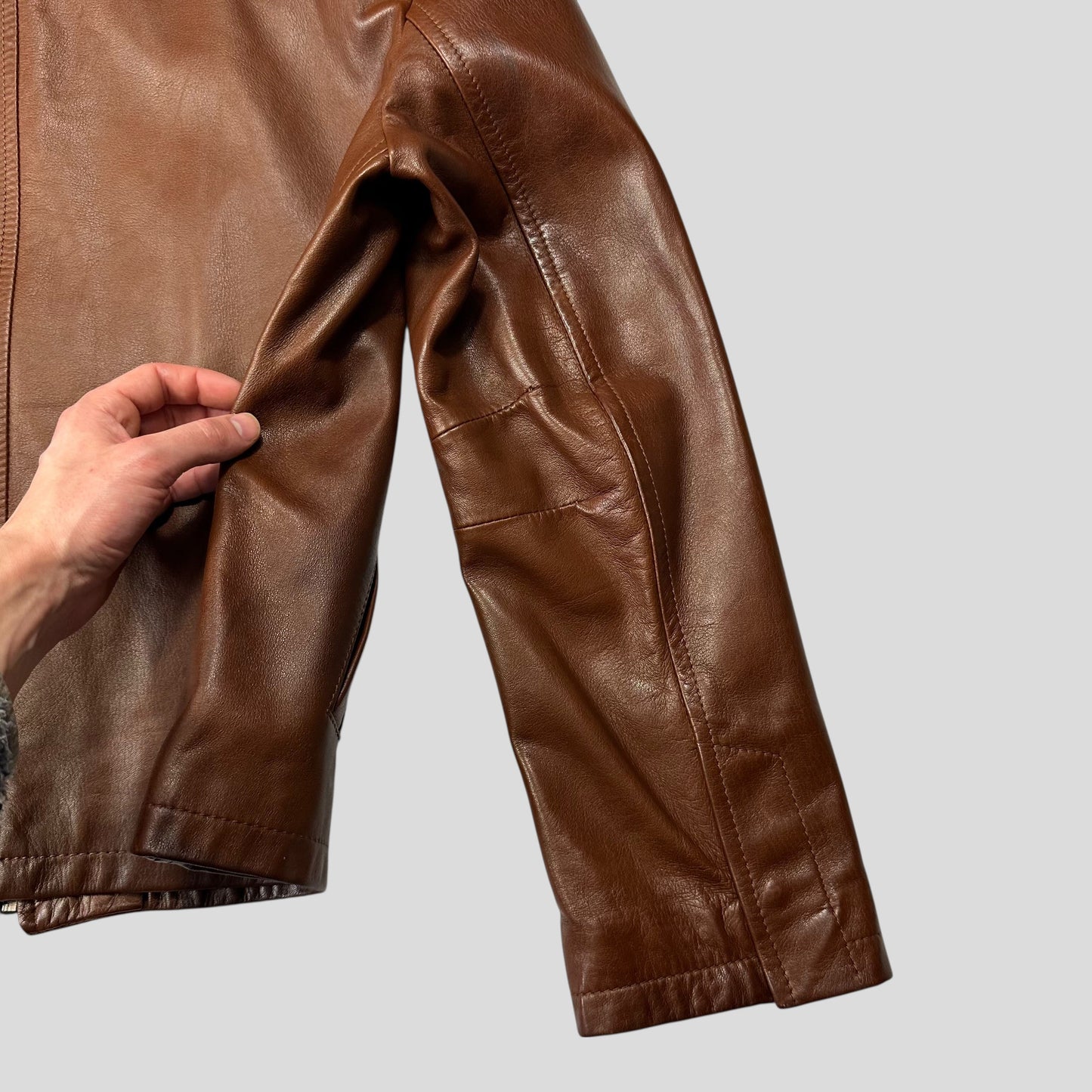 Prada Milano FW98 Whiskey Leather Nylon Lined Zip Work Jacket - IT50