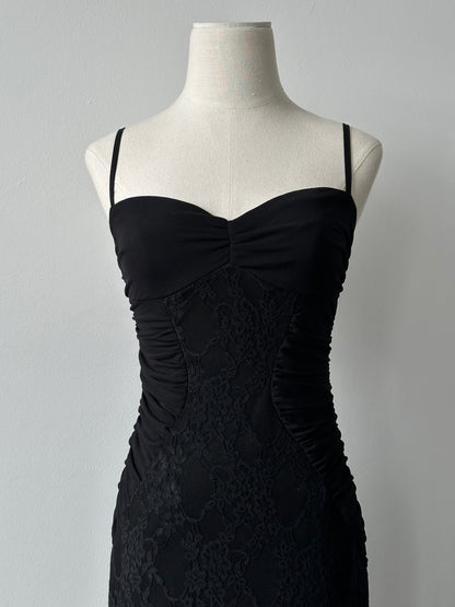 Vintage 2000s Ruched Asymmetric Lace Floor Length Dress - S-M