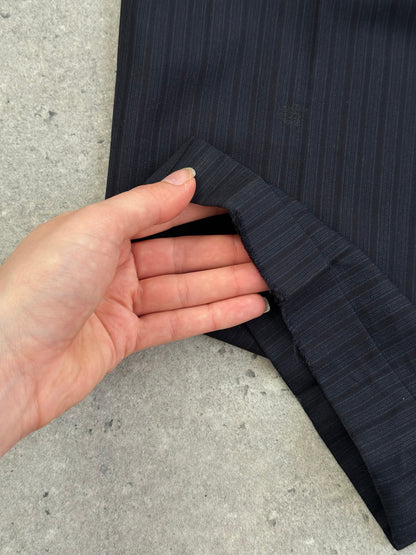 Burberry London 1990s pure wool striped suit, size 42S/W34, featuring classic tailored design and bold vertical stripe pattern.