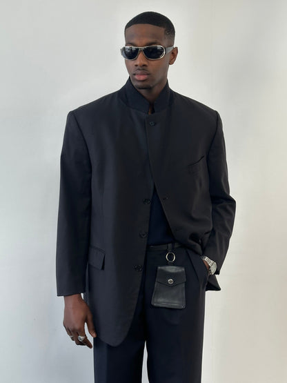 Yves Saint Laurent Pour Homme 1990s high-neck pure wool blazer in navy, tailored fit, with structured collar and classic design.