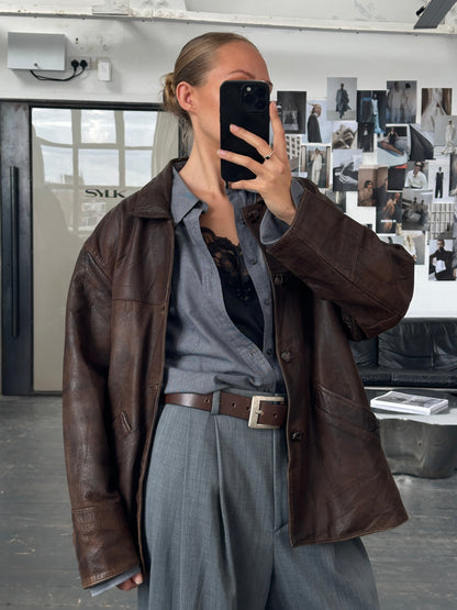 Vintage 1980s Aged Boxy Leather Jacket - XL