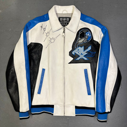 Avirex Fighter Jet Leather Jacket In White & Blue ( L )