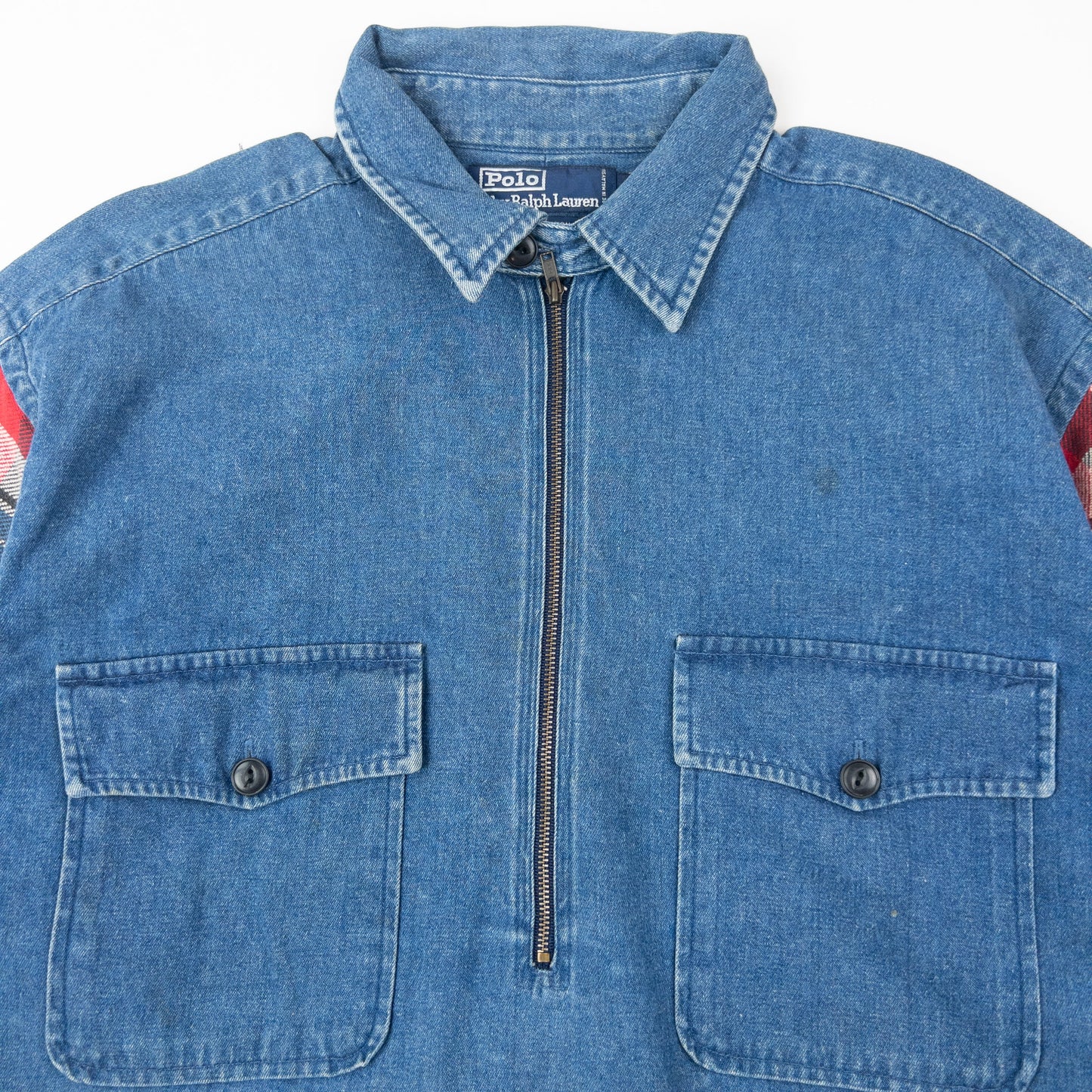 Vintage 90s Polo Ralph Lauren Checkered Sleeve Q Zip Denim Shirt Size XL | XL, Blue