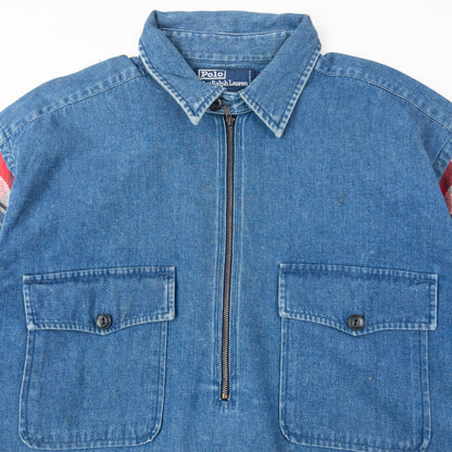 Vintage 90s Polo Ralph Lauren Checkered Sleeve Q Zip Denim Shirt Size XL | XL, Blue