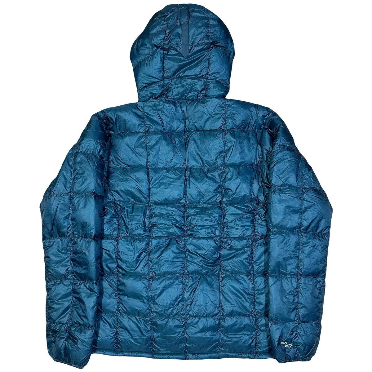 Back view of a blue Montbell Superior Down Parka puffer jacket with a hood