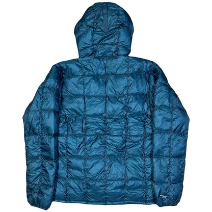 Back view of a blue Montbell Superior Down Parka puffer jacket with a hood