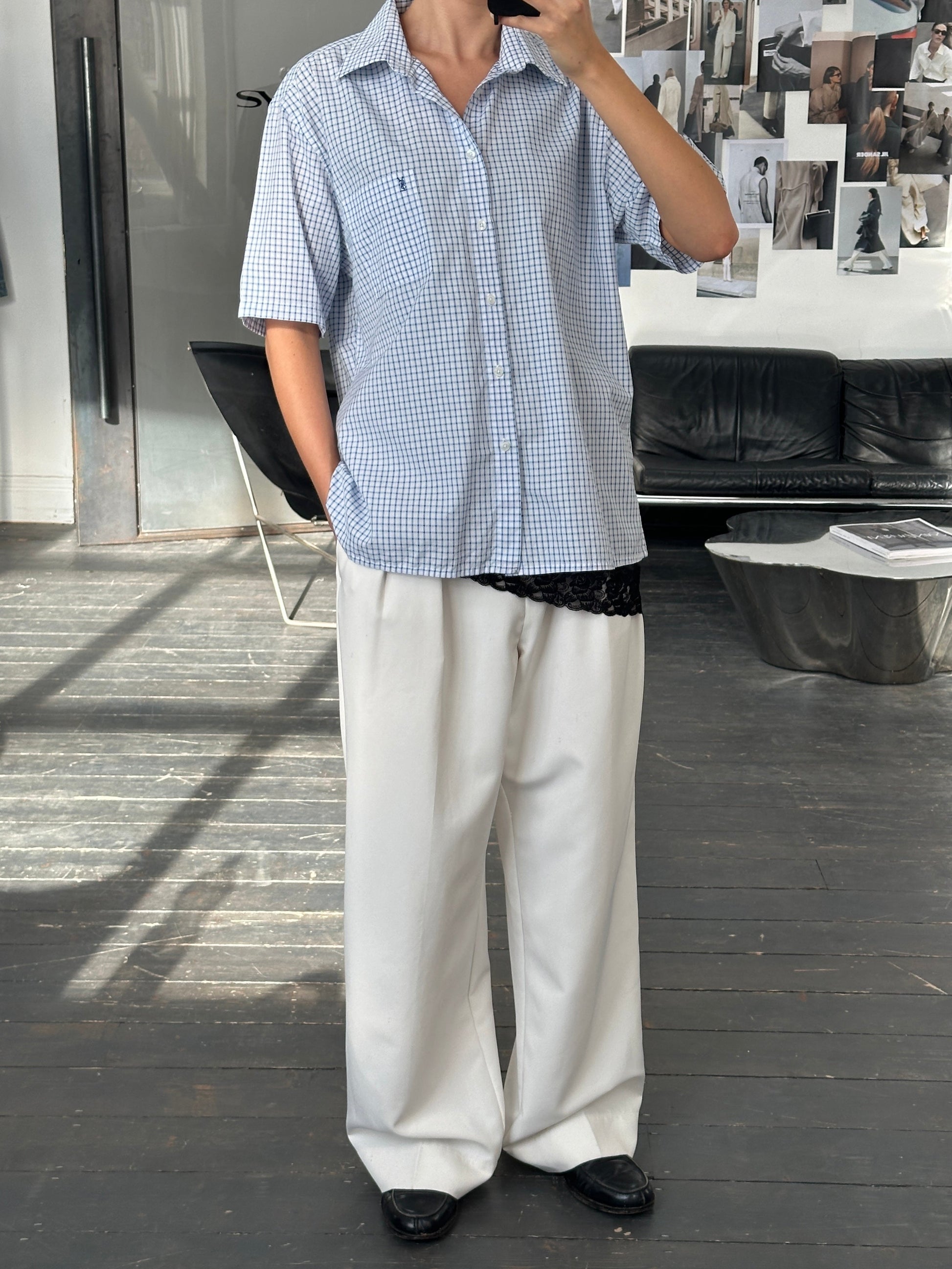 Yves Saint Laurent Pour Homme 2000s cotton check short sleeve logo shirt in XL, featuring a classic check pattern and brand logo detail.