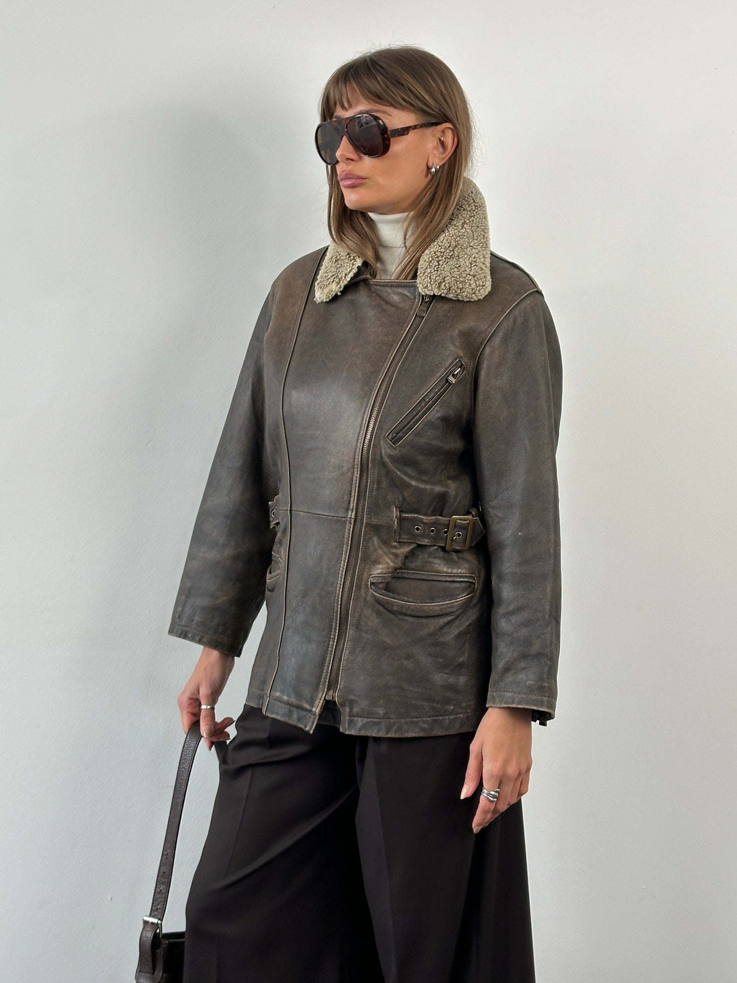 Vintage 1990s Aged Aviator Leather Jacket - M