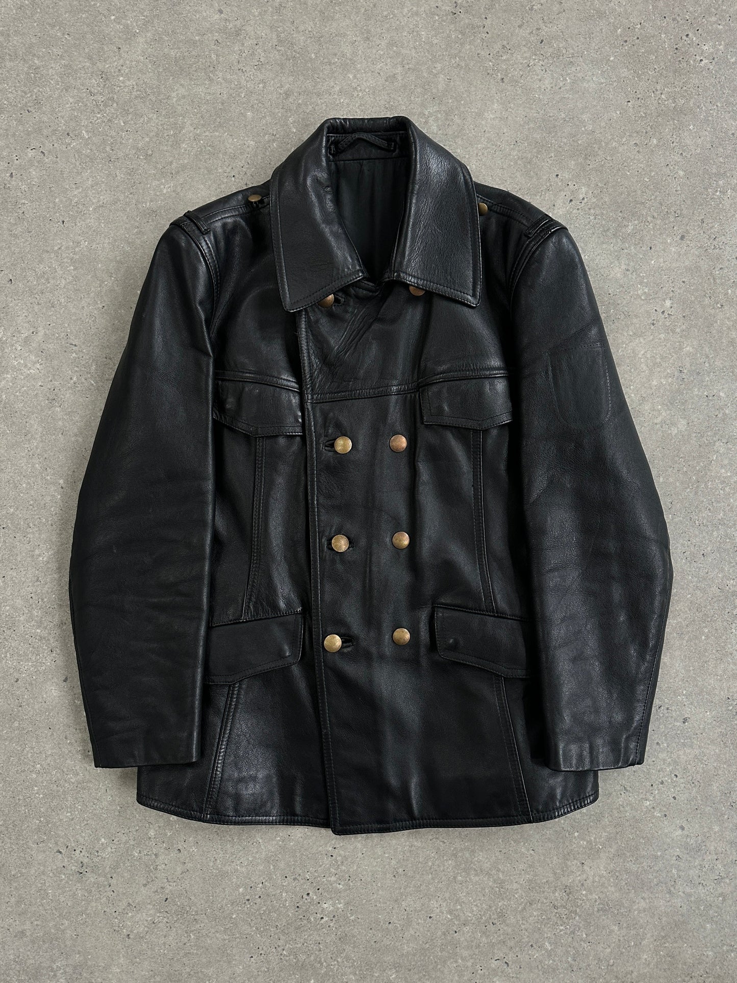 Vintage 1980s Double Breasted Military Leather Jacket - M/L