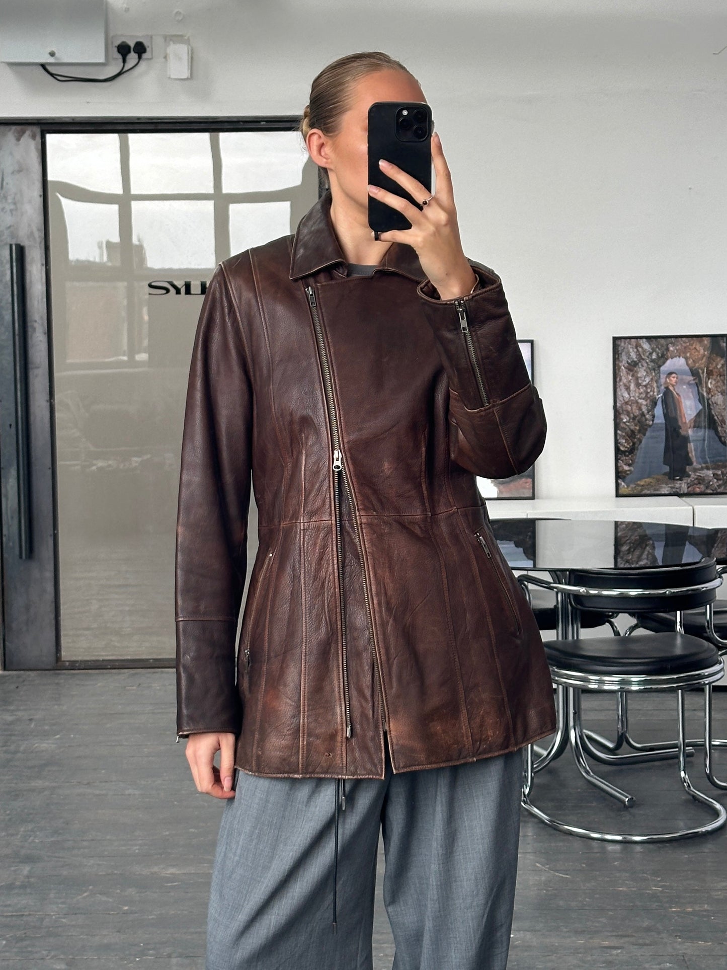 Vintage 1990s Aged Double Zip Belted Leather Jacket - L