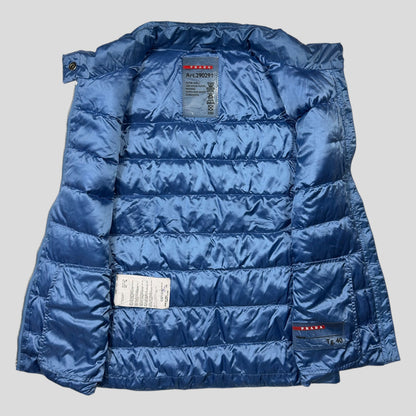 Prada Milano 2011 Satin Blue Nylon Down Logo Gilet