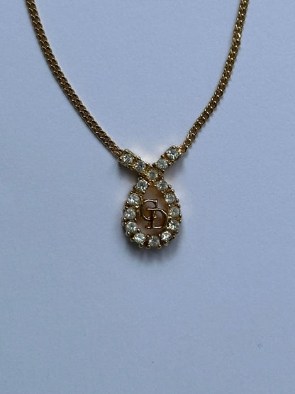 Christian Dior 16” Gold Plated Rhinestone Drop Logo Pendant Necklace