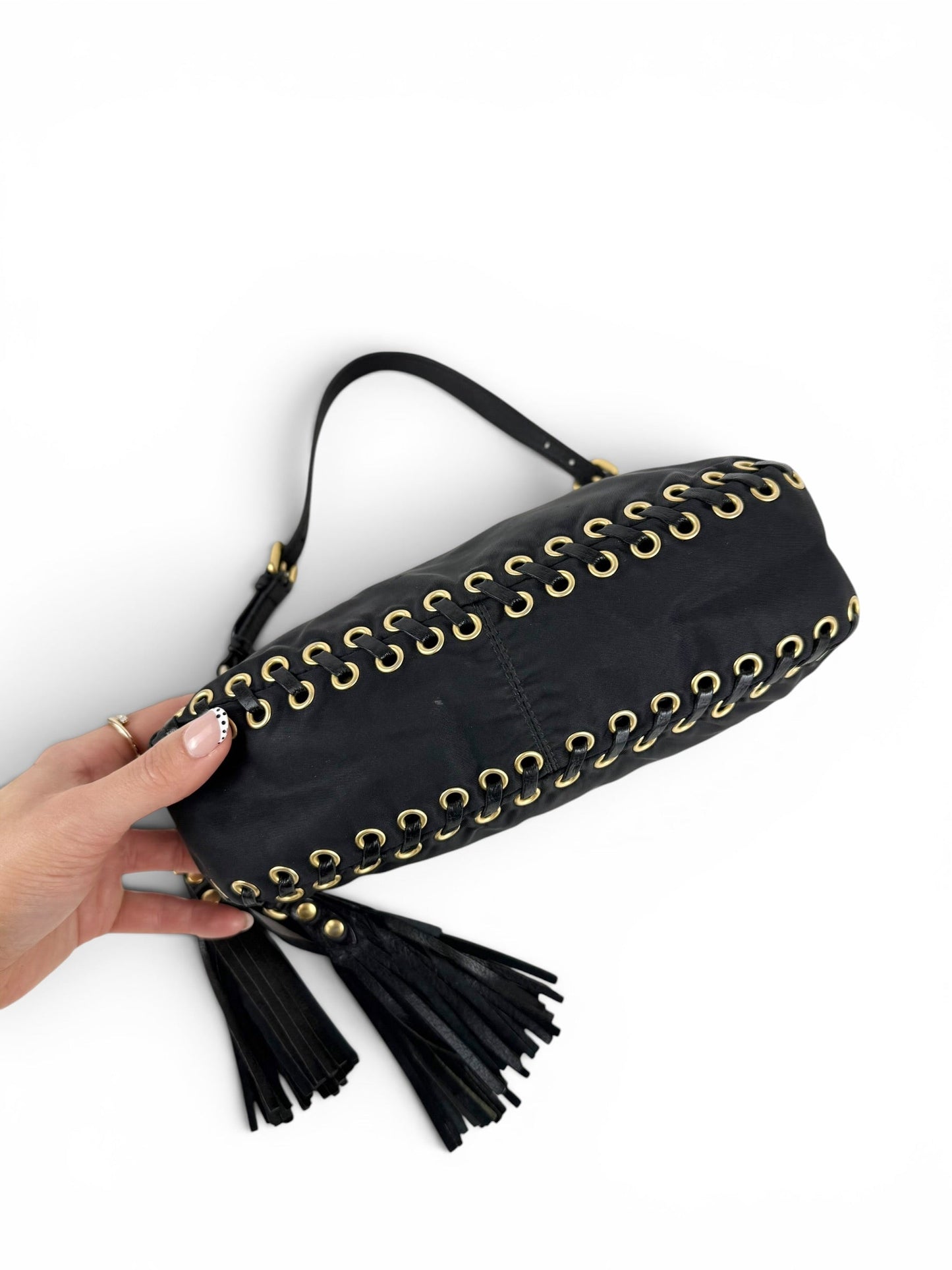 2000s RARE Prada Nylon Grommet Stitch Shoulder Bag | O/S, Black