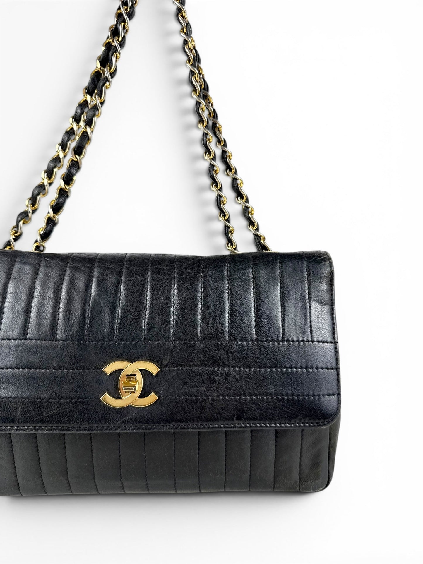 1980s Chanel Single Flap Horizontal Lambskin Leather Bag GHW Vintage | O/S, Black