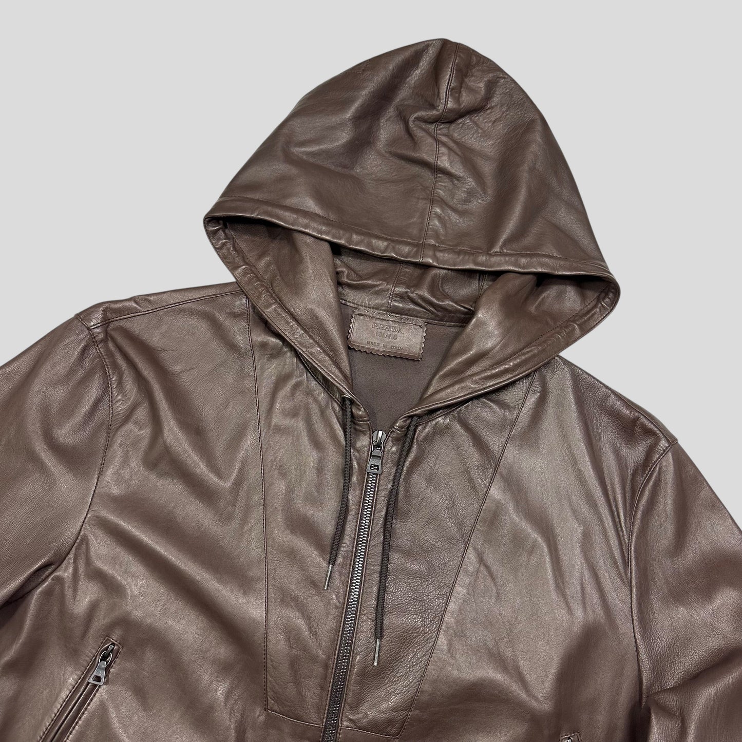 Prada Milano 00’s Nappa Leather Stash Pocket Hooded Jacket - L