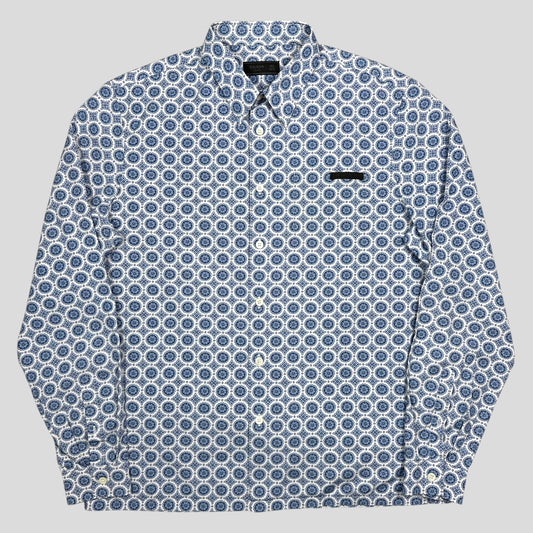 Prada 2020 Persian Geometric Print Boxy Cotton Logo Shirt - M/L | Large, Blue