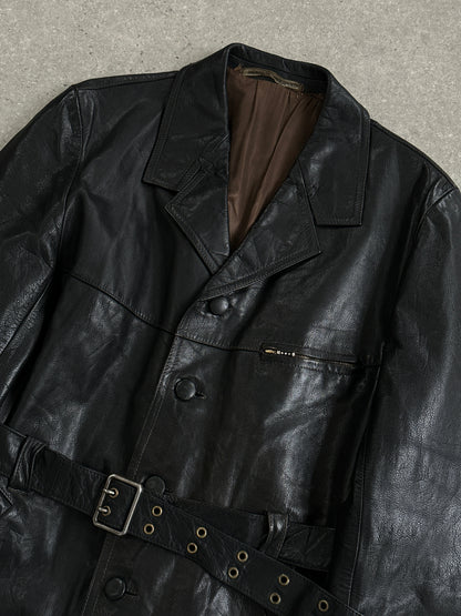 Vintage Belted Leather Jacket - XL