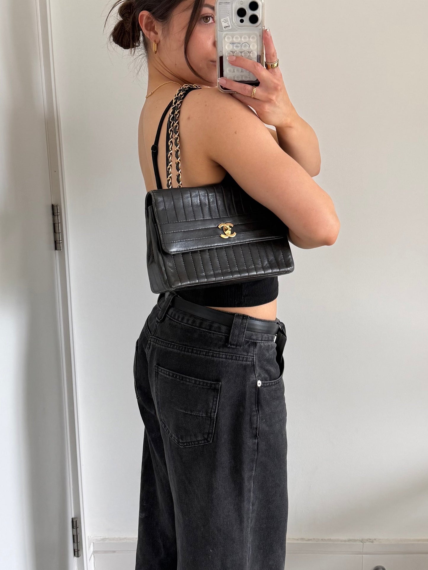 1980s Chanel Single Flap Horizontal Lambskin Leather Bag GHW Vintage | O/S, Black