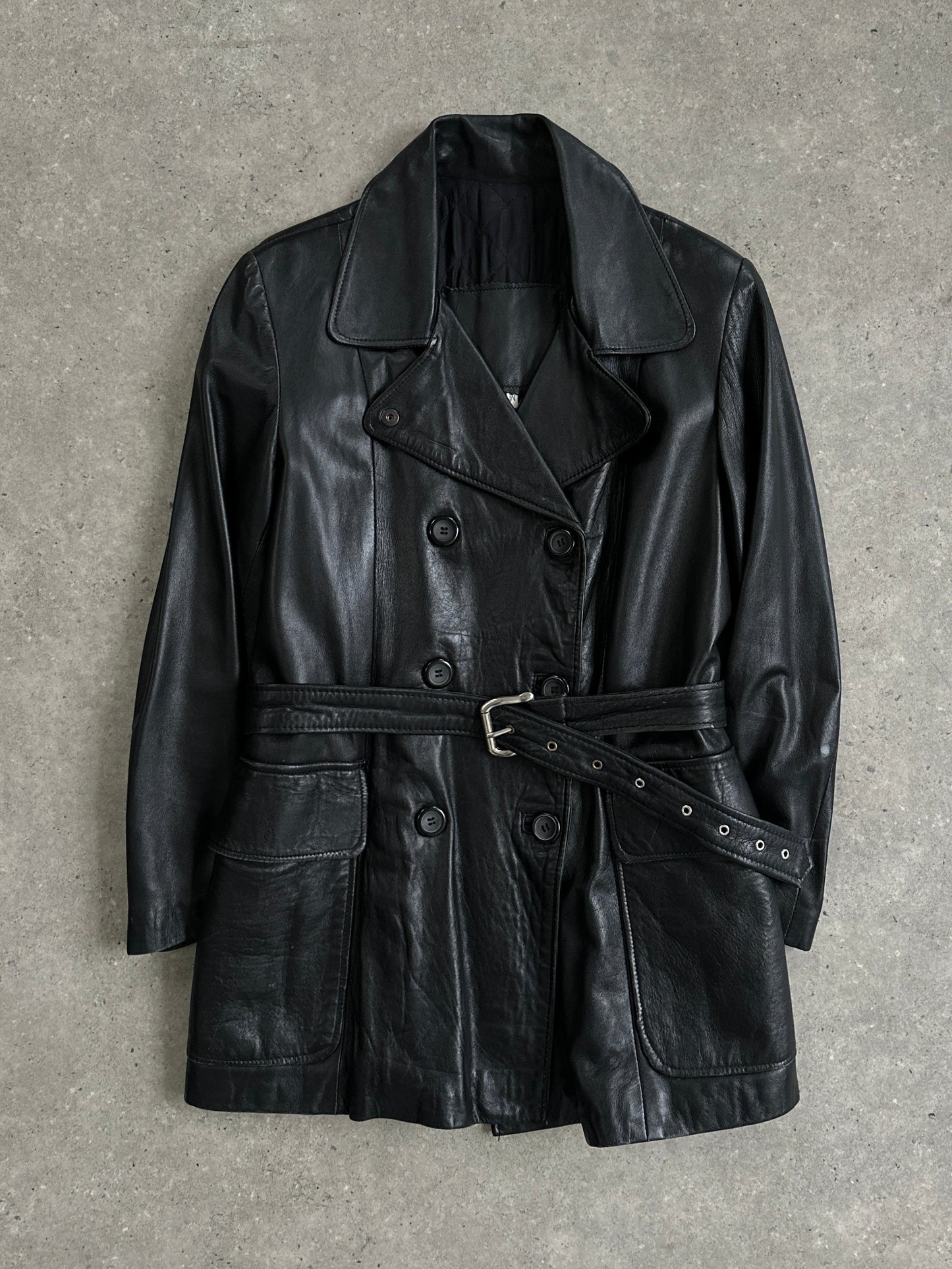 Vintage Double Breasted Belted Smooth Leather Jacket - L/XL