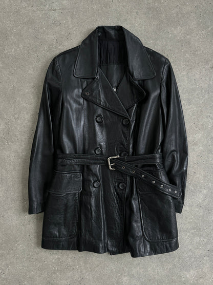 Vintage Double Breasted Belted Smooth Leather Jacket - L/XL